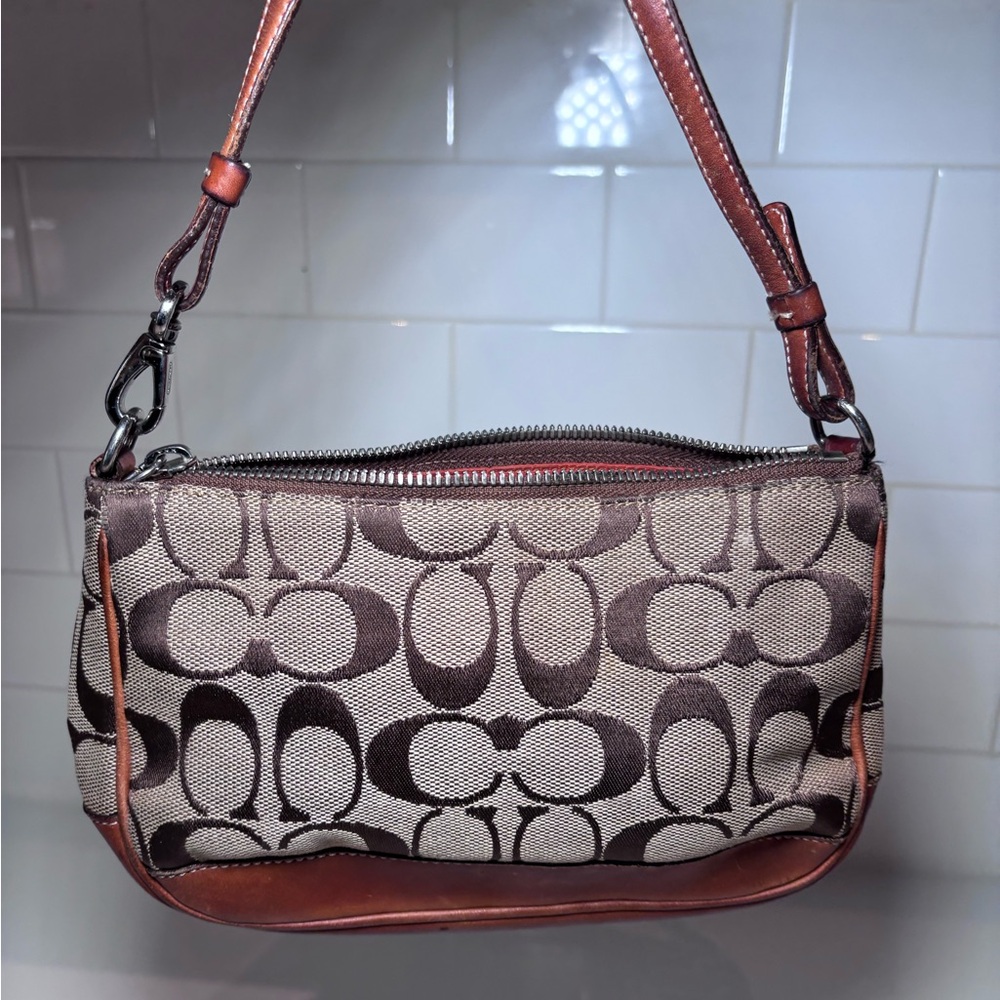 Coach Signature Demi mini Pouch Hand Bag Canvas Leather Brown